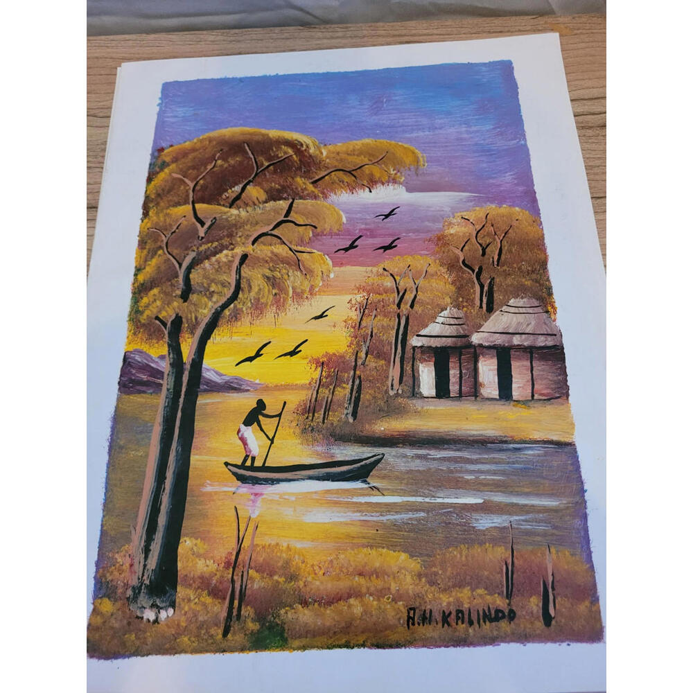 Vintage Oil‎ Painting, African Landscape River Boat, Signed Home Decor Artwork